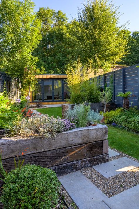 Walthamstow Family Garden | 01702 662 950 Sleeper Planters, Modern Cottage Garden, Terraced House Garden, Railway Sleepers Garden, Strawberry House, Mediterranean Garden Design, Small Garden Landscape, Narrow Garden, Courtyard Gardens Design