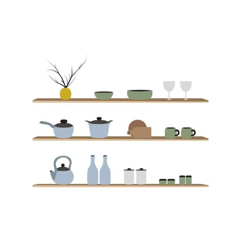 Kitchen shelves with tableware. Kitchen shelves with cooking tools and hanging pots. home interior. seamless pattern Vector illustration in flat style Kitchen Interior Illustration, Shelves Illustration, Cartoon Furniture, Kitchen Vector, Vector Kitchen, Furniture Png, Open Table, Funny Cat Wallpaper, Drawing Graphic