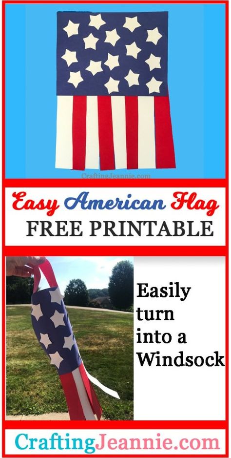 American Flag - Flag or Windsock. Make this Easy American Flag Craft with you crew of kids. Free Printable! Great for all American holidays: Memorial Day, Fourth of July, Veterans Day, Labor Day, Presidents Day. Preschool Craft, Elementary School Craft or even Girl Scouts and Boy Scouts. #FourthofJuly, #AmericanFlag, #MemorialDay #VeterensDay, #LaborDay, Presidents Day Preschool, Preschool Flag Crafts, Easy Flag Craft, Flag Craft For Kindergarten, Design Your Own Flag Activity, Craft Elementary, American Flag Craft Kindergarten, Kids Crafts Summertime, American Flag Craft