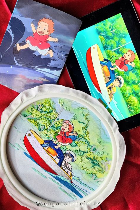 Ponyo Ghibli Embroidery, Ponyo Boat Scene, Ponyo Boat, Studio Ghibli Embroidery, Ghibli Embroidery, Studio Ghibli Films, Outline Pattern, Diy Embroidery Designs, Hand Embroidery Tutorial