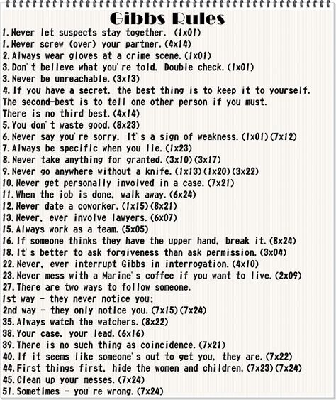 Gibb's Rules: I like this list because it lists what episodes the rules came from. Ncis Rules, Ncis Funny, Ncis Gibbs Rules, Gibbs Ncis, Gibbs Rules, Ncis Cast, Leroy Jethro Gibbs, Rules Quotes, Michael Weatherly