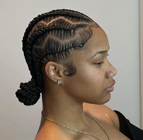 Cornrow Buns For Black Women, 6 Stitch Braids Zig Zag Parts, Zig Zag Part Stitch Braids, Zig Zag Part Cornrows Braids, Braided Bun Hairstyles Black Women, Stitch Braids Low Bun, 4-6 Stitch Braids Hairstyles, Cornrow Braids With Bun, Stitch Braids On Natural Hair