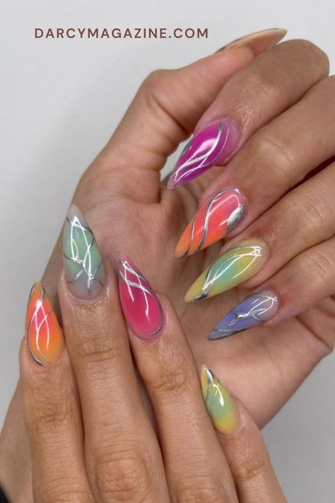 Strawberry Nail Art, Purple Chrome Nails, Sunflower Nail Art, Summer Nails Almond, Summer Nails 2023, Beach Nail Art, Summer Nail Designs, Squoval Nails, Tie Dye Nails