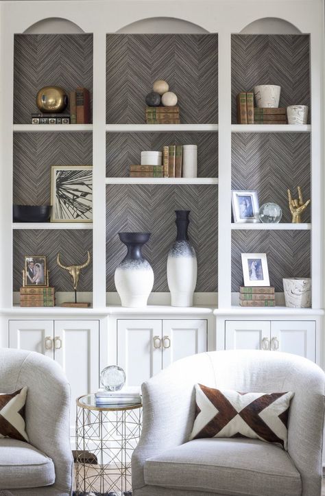 13 Exciting Ways To Use Wallpaper • One Brick At A Time Wallpaper Behind Shelves Home Office, Wallpaper Background Bookshelves, Wallpapered Built Ins, Wallpaper On Built In Shelves, Bookshelf Makeover Wallpaper, Wallpapered Shelves Built Ins, Book Shelves With Wallpaper Back, Wallpaper In Back Of Bookcase, Wallpaper Shelves Bookshelves