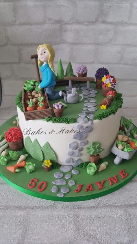 A 10" lemon sponge for a keen gardener. Everything handmade mainly using regular fondant but some modelling paste was used for parts Garden Cake Ideas For Women, Gardening Cakes For Women, Gardening Theme Cake, Vegetable Garden Cake, Garden Theme Cake, Gardening Cake, Garden Birthday Cake, Farm Birthday Cakes, 90th Birthday Cakes