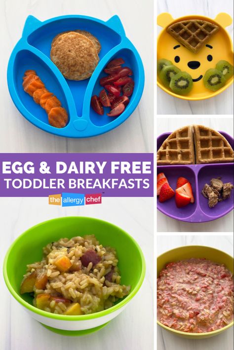 Five toddler breakfasts on cute plates. Allergy Friendly Blw, Egg Free Recipes For Toddlers, Dairy And Egg Free Toddler Meals, Dairy Free Toddler Breakfast, Milk And Egg Free Recipes, Egg Allergy Breakfast Ideas, Egg Free Breakfast For Baby, Dairy And Egg Free Recipes For Kids, Egg Free Toddler Breakfast