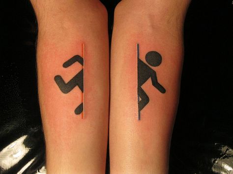 portal tattoo Logic Tattoo Ideas, Portal Tattoo, Video Game Tattoos, Nerdy Tattoos, Best Tattoo Ever, Aperture Science, Nerd Tattoo, Tattoo Time, Portal 2