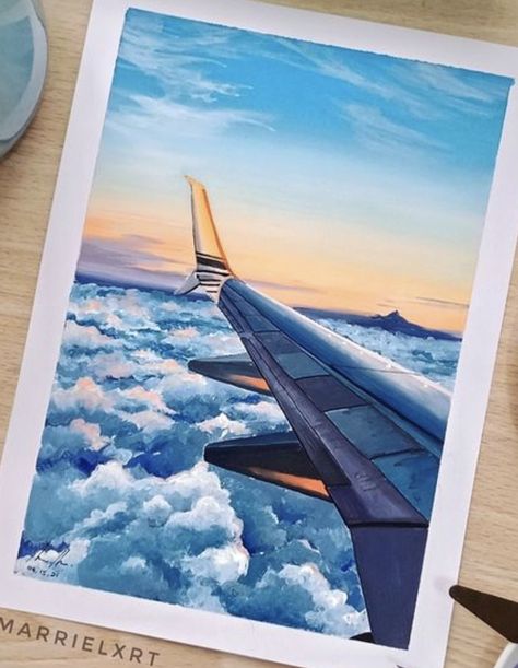 Travel Aesthetic Painting Ideas, Aesthetic Gouache Art Easy, Airplane Window Painting, Travel Painting Ideas, Flight Paintings, Travelling Painting, Travel Art Painting, Aeroplane Painting, Airplane Drawings