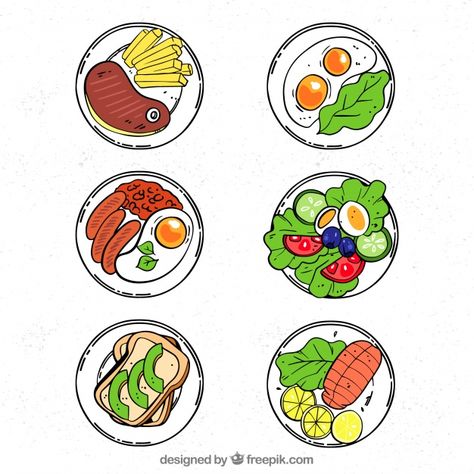 Top view of hand drawn food dishes Drawn Food, Food Clipart, Cute Food Drawings, Food Backgrounds, Paper Dolls Printable, Restaurant Kitchen, Doodle Sketch, Food Drawing, Art Brushes