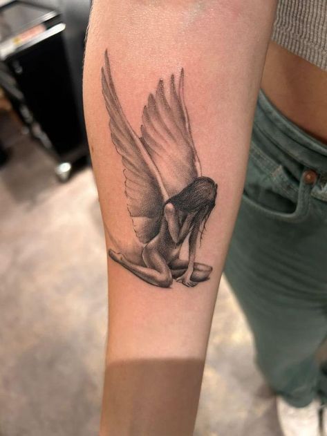 Angel Flying Up Tattoo, Random Line Tattoo, Pretty Angel Tattoo, Lost Angel Tattoo, Sick Arm Tattoos, Wing Ridden Angel Tattoo, Crying Angel Tat, Dark Creepy Tattoos, Woman With Wings Tattoo