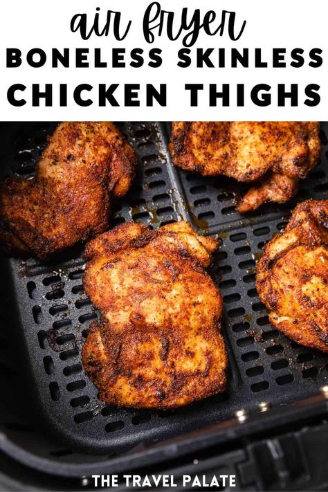 This Air Fryer Boneless Chicken Thighs recipe is a quick and easy solution to your dinner time needs. They are coated in a homemade spice rub and air fried to golden brown perfection in about 12 minutes! Air Fryer Mexican Chicken, Fried Chicken Thighs Boneless, Mexican Chicken Thighs, Chicken Thighs Boneless Skinless, Air Fryer Recipes Chicken Thighs, Dinner Mexican, Air Fryer Chicken Thighs, Air Fryer Pork, Air Fryer Pork Chops