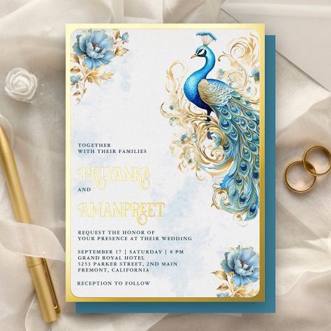 $2.65 | Pastel Blue Floral Indian Peacock Wedding Gold - peacock theme indian wedding, hindu bollywood style romantic asian, botanical floral nature garden, rustic old antique bird animal, modern elegant trendy fancy stylish, bright vibrant vivid bold, blue and white, real gold foil, painted flowers feather boho bohemian, exotic unique soft subtle watercolor Peacock Invitations, Wedding Hindu, Peacock Wedding Invitations, Indian Peacock, Gold Foil Invitation, Peacock Theme, Peacock Wedding, Foil Wedding Invitations, Indian Wedding Invitations