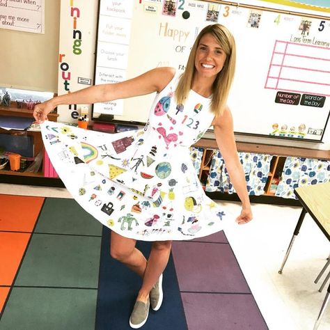 ‘Draw on my dress’ said the teacher Maine Islands, Teacher Dress, Work Calendar, Teacher Dresses, Knox County, Retirement Celebration, Ocean Day, Second Grade Teacher, Student Drawing