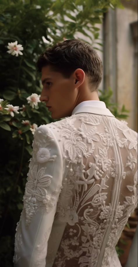 Gay Prom Outfits, Prom Suit And Dress, Gay Prom, Nonbinary Wedding, Lace Suit, Mens Wedding Attire, Wedding Dress Men, Men Stylish Dress, Cute Wedding Ideas