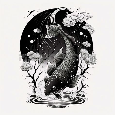 Koi Fish Tattoo Design - Detailed High Resolution Digital Art on White Background | Printable Tattoo Stencil #sansserif #workonfire🖍️ Koi Carp Drawing, Koi Fish Tattoo Design, Fish Tattoo Design, Fresh Logo Design, Printable Tattoos, Background Printable, Animal Based, Koi Fish Tattoo, Fresh Tattoo