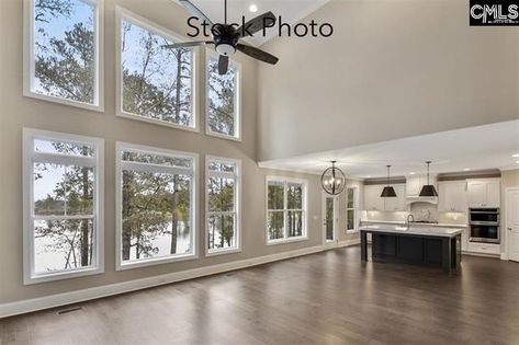 2 Story Family Room Windows, Two Story Great Room Windows, 2 Story Windows Living Room, 2 Story Windows, 2 Story Family Room, Living Room With Large Windows, 2 Story Great Room, Farmhouse Build, Family Room Windows