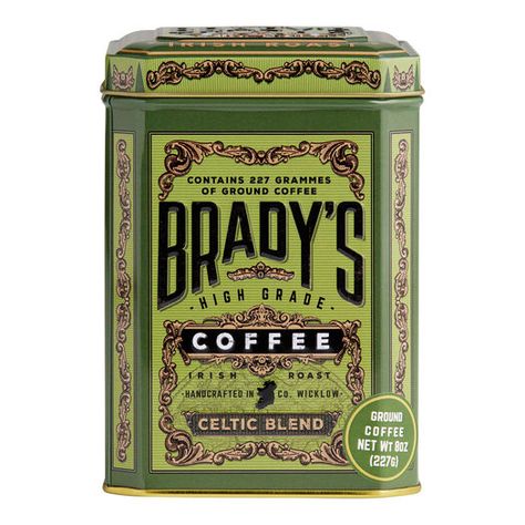 Brady's Celtic Blend Ground Coffee Tin by World Market Chocolate Branding, Warm Kitchen, Antique Tins, Coffee World, Coffee Tin, Rustic Kitchen Design, Chocolate Brands, Bread Box, Irish Coffee