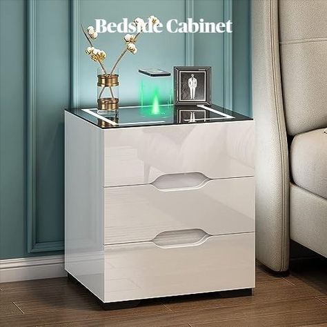 Jehiatek White Bedside Table with Wireless Charging & USB Charging Station Bedside Table Organization, Led Bedside Table, Table Organizer, Nightstand Organization, Wireless Charging Station, Tempered Glass Table Top, White Bedside Table, Usb Charging Station, White Nightstand