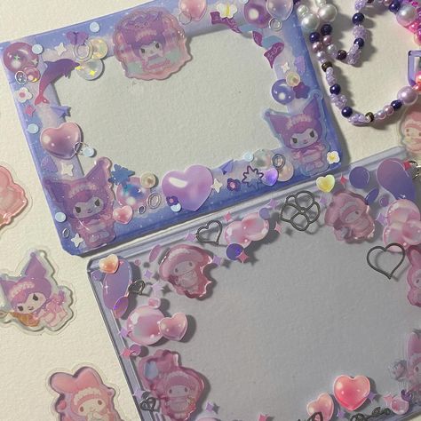 Hello Kitty Toploader, Purple Toploader Deco, Sanrio Toploader, Stickers On Mirror, Toploader Deco Ideas, Korean Deco Stickers, Photocard Toploader, Kuromi Purple, Deco Toploader