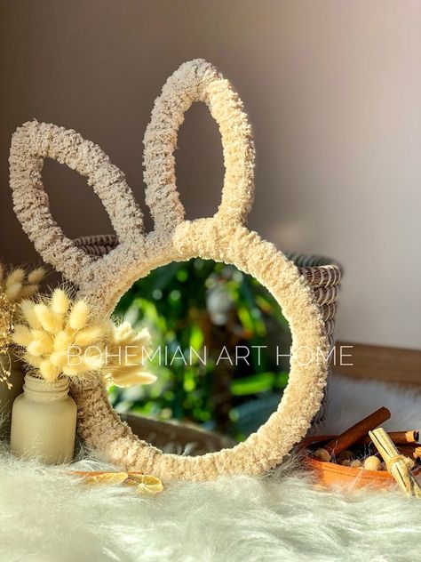 Kids Room Mirror, Bunny Mirror, Rabbit Mirror, Montessori Decor, Mirror Macrame, Dollar Tree Mirrors, Macrame Nursery, Bear Nursery Decor, Room Mirror