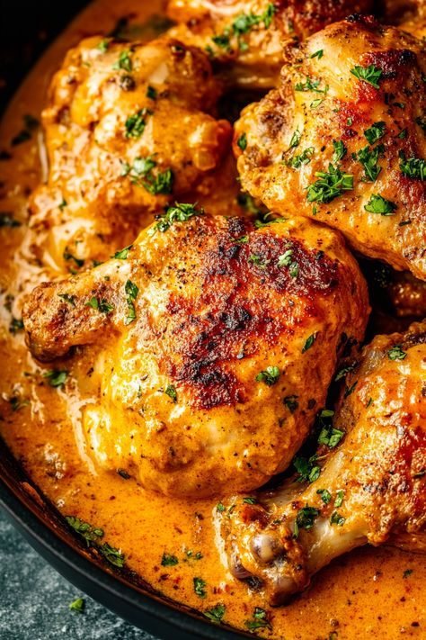 Delicious Southern Smothered Chicken Smothered Chicken With Brown Gravy, Smothered Chicken And Okra, Dark Chicken Recipes Dinners, Garlic Smothered Chicken, Chicken Thigh Recipes Smothered, Smothered Chicken Quarters, The Moody Foodie, Chicken Cajun Recipes, Creole Seasoning Recipe Dinners