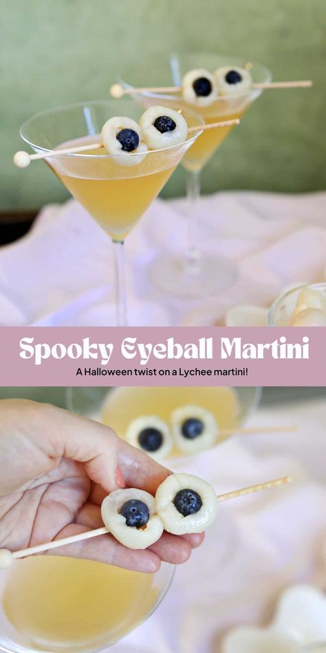 Halloween Eyeball Martini - A Beautiful Mess Eyeball Martini, Halloween Martini, Shrek Birthday, Lychee Martini, Lychee Fruit, Halloween Eyeballs, Cocktail Sticks, A Beautiful Mess, Halloween 2