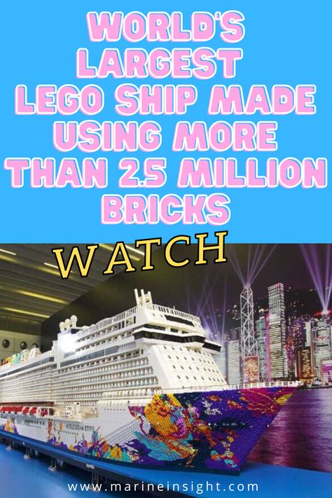 Watch_ World’s Largest Lego Ship Made Using More Than 2.5 Million Bricks To celebrate the launch of a new 18-deck, 151,695-ton cruise ship, a Hong Kong tourism company decided to mark the occasion by building a large-scale replica out of LEGO. The result was the Largest LEGO ship, achieved by Dream Cruises to mark the launch of its World Dream ship. Lego Ship, Merchant Navy, Dream Cruise, Guinness World Records, Navy Ships, Model Ships, World Records, Display Ideas, Cruises