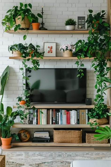 Shelves Over Cabinets Living Room, Wall Shelves Living Room Above Tv, Tv Unit Shelves Decor, How To Display Tv In Living Room, Above Tv Storage, Bedroom Wall Tv Ideas, Floating Plant Shelves Living Rooms, Wall With Tv And Shelves, Plant Wall Floating Shelves