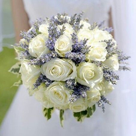 Bride's Round Bouquet Comprised Of: White Roses + Fresh Lavender Wedding Disasters, Bouquet Of White Roses, Navy Wedding Flowers, Wedding Arch Rustic, Lavender Bouquet, White Lavender, White Wedding Bouquets, Floral Event Design, Bouquet Ideas