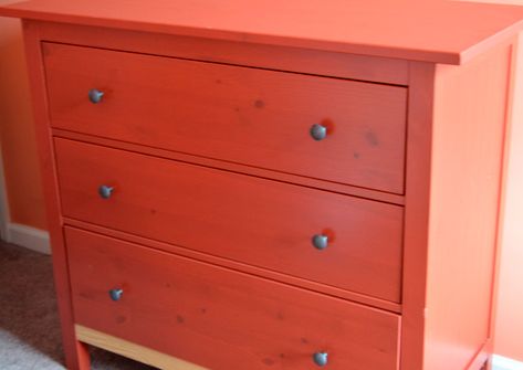 Ikea Hack: Hemnes 3-Drawer Chest Hemnes Painted, Hemnes Red, Ikea Hemnes Drawers, Hemnes Drawers, Hemnes Chest Of Drawers, Ikea Hemnes Hack, Ikea Hemnes Dresser, Hemnes Dresser, Pallet Desk