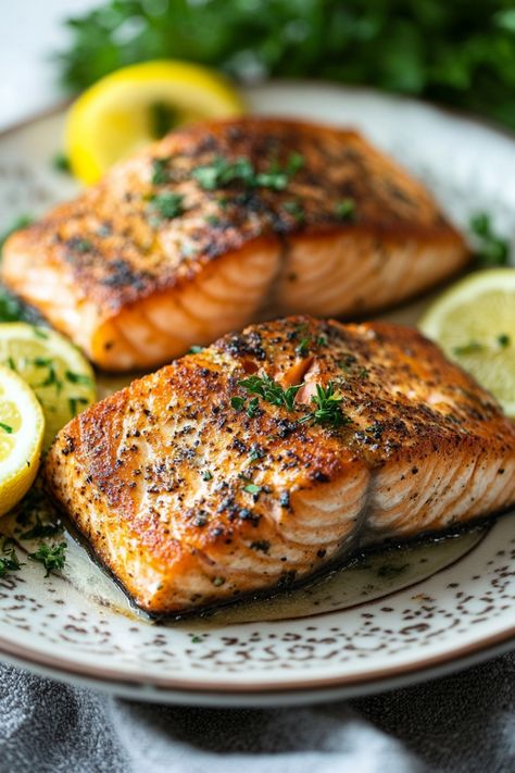 Grilled salmon fillets garnished with chopped herbs and lemon slices on a plate.