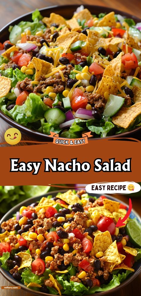 Get ready for a fiesta in a bowl with this Nacho Salad! Packed with all your favorite nacho toppings, it’s a crunchy, cheesy, and flavorful dish that’s perfect for any occasion. #NachoSalad #PartyFood #TexMexDelight Salad Nachos, Nachos Salad, Nacho Salad Recipe, Quick Dinner Sides, Nacho Salad, How To Make Nachos, Nacho Toppings, Easy Nachos, Hearty Lunch