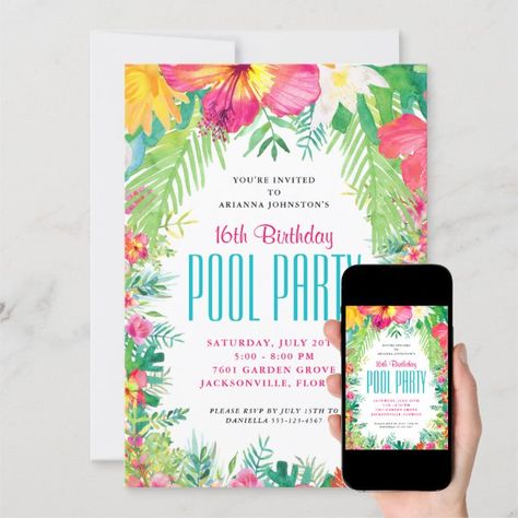 Tropical Birthday Invitations, Pool Birthday Invitations, Luau Party Invitations, Summer Birthday Invitations, Swimming Pool Party, Pool Party Birthday Invitations, Tropical Invitations, Pineapple Birthday, Party Swimming Pool