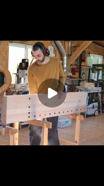 Germán Peraire - Woodworking and furniture design on Instagram: "Making a woodworking workbench.  Drilling 19mm holdfast holes in such a chunk of timber can be tricky sometimes. I used to drill them at the drill press before glueing the lamination, but even that was cumbersome because of the length of the stock. A robust drill stand with a depth stop allows to get them perfectly square and coming in from either side avoids blowing out the fibres.  #drill #woodworking #machine #workbench" Woodworking Drill Press, Drill Press Stand, Workbench Designs, Drill Presses, Hold Fast, Woodworking Workbench, Woodworking Machine, Drill Press, Woodworking Bench