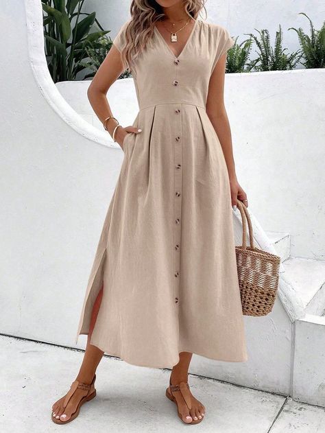 Italian Vineyard Outfit, Petite Long Dress, Linen Fashion Women Summer, Long Casual Dress Outfit, Summer Dresses 2024, Classic Style Dresses, Long Dress With Short Sleeves, Style Vert, Stylish Maxi Dress