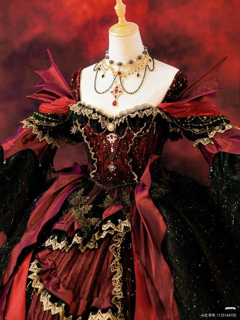 Red Black And Gold Dress, Red Queen Outfit, Gold Fantasy Dress, Red Queen Dress, Red Chinese Dragon, Vampire Dress, Royalty Dress, Queen Dresses, Gold And Black Dress