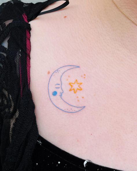 handpoked moon and stars 🌙 ✨ in blue and yellow as part of my 3 for £150 deal! swipe along to see what else in included in the deal :) absolutely love these colours together so sweet message me to book yours or use my booking form! I’ve got space to tattoo you next week #handpoke #colourtattoo #essextattoo #handpoketattoo #moontattoo #stickandpoke #startattoo #hertfordshiretattoo #suffolktattoo Yellow Moon Tattoo, Blue Star Tattoo, Blue Moon Tattoo, Colour Tattoos, Yellow Moon, Hand Poked Tattoo, Sweet Message, Liverpool Street, Hand Poke