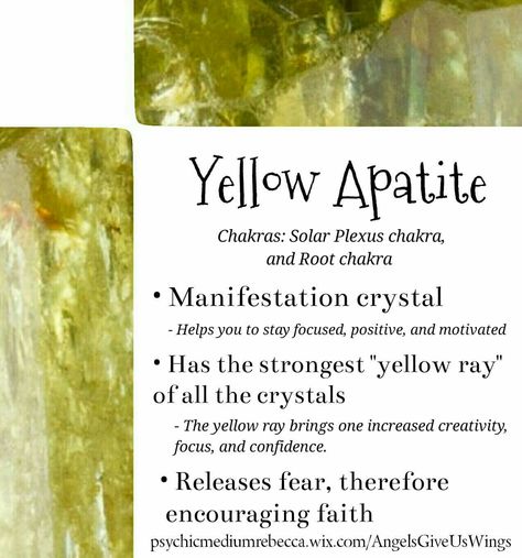 Yellow Apatite crystal meaning Yellow Apatite Crystal Meaning, Yellow Stones Crystals, Apatite Crystal Meaning, Crystal Cards, Yellow Apatite, Crystal Magick, Apatite Crystal, Crystals For Manifestation, Gemstone Properties