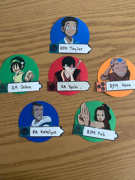 I made door decorations for my residents with  members of the GAang. I used Card stock for the circles and name tags Avatar Bulletin Board, Avatar Door Decs, Hall Themes, Door Name Tags, Ra Door Tags, Res Life Bulletin Boards, Life Themes, Dorm Themes, Dorm Door Decorations