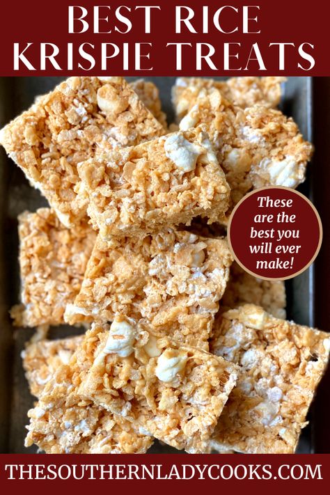 These are the best rice krispie treats! The combination of marshmallows and marshmallow fluff takes these to a whole new level! The Best Rice Krispie Treats, Best Rice Krispie Treats, Cooking Soul Food, Crispy Snacks, The Best Rice, Bar Desserts, The Southern Lady Cooks, Southern Lady Cooks, Best Rice