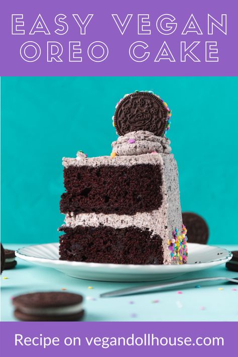 This vegan Oreo cake is a fluffy, soft, and moist chocolate cake, dazzled with chunks of Oreo cookies and layered with cookies and cream buttercream frosting. The recipe is easy to follow and can be completed within a few hours. A dairy free, egg-free cake recipe makes this the perfect cake for any celebration, and nobody will ever guess that it’s vegan. #vegandollhouse #vegan #recipe #vegancake #oreocake #birthdaycake Vegan Oreo Cake, Cookies And Creme Cake, Cookies And Cream Buttercream, Cookies N Cream Cake, Vegan Cake Frosting, Vegan Carrot Cake Recipe, Easy Vegan Cookies, Vegan Easter Recipes, Egg Free Cakes