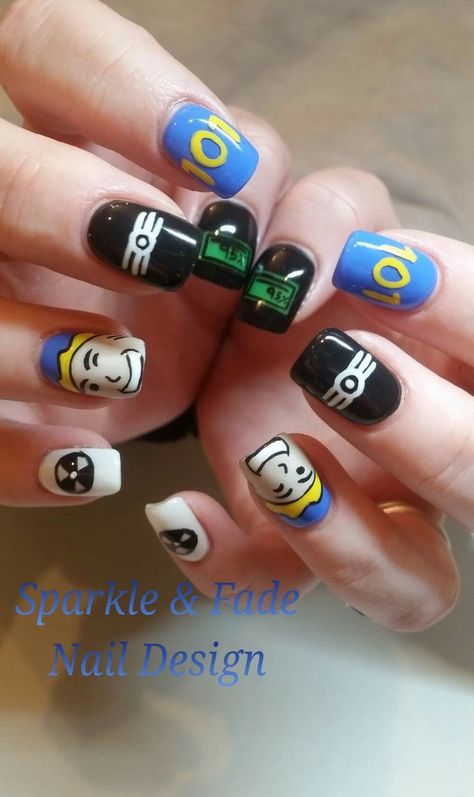 Handpainted Fallout Nails - Done by Christine Ingalls of Sparkle and Fade Nail Design  https://www.facebook.com/SparkleAndFadeNailDesign Video Game Nail Designs, Video Game Nails Designs, Fallout Nail Art, Nerdy Nail Designs, Video Game Nail Art, Nerdy Nail Art, Fallout Nails, Video Game Nails, Nintendo Nails