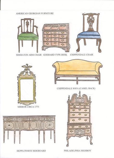 American Georgian furniture - all kinds of furniture Georgian Decor, History Of Furniture, Interior Design Classes, Chippendale Chairs, Furniture Sketch, Georgian Interiors, Georgian Furniture, Antique Furniture For Sale, Georgian Architecture