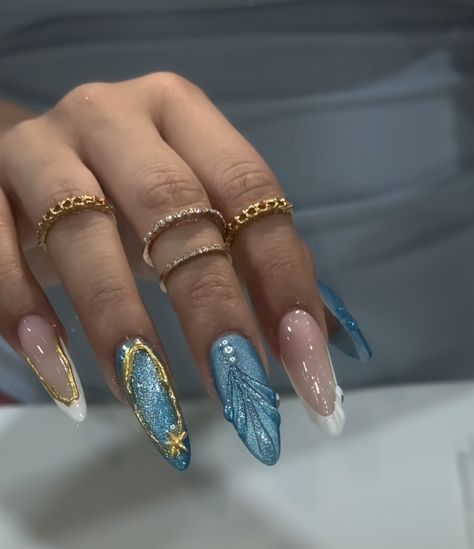 Nail Inspo Trendy Blue, Blue Pointy Nails, Vacation Nails Long, Dark Blue Nails Acrylic, Baddy Nails, Night Sky Nails, Turquoise Nail Designs, Blue Toe Nails, Ballerina Acrylic Nails