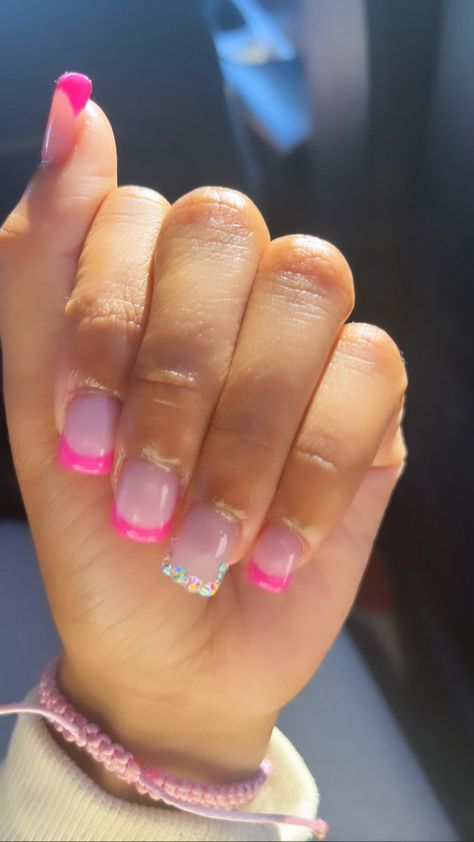 pink nails, french tips, rhinestones, short nails, pretty nails , pink Shirt Pink French Tip Nails, Hot Pink French Tips Short, Pink French Tips With Rhinestones, Short Pink Nails With Rhinestones, Birthday Nails Short Square, Pink Birthday Nails Short, French Tips Rhinestones, French Nail Set, Hot Pink French Tips