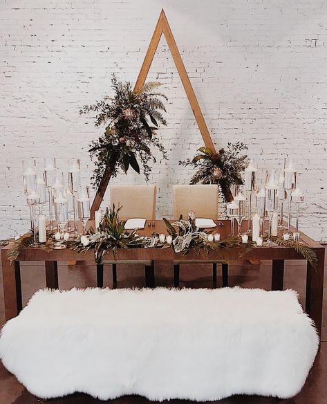 Triangle Arches, Wedding Ceremony Backdrop Diy, Centerpieces Simple, Candles Centerpieces, Modern Bohemian Wedding, Sacred Sexuality, Sheep Rug, Protea Bouquet, White Brick Wall