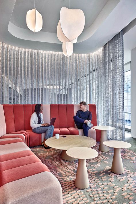 6 Modern Offices That Underscore Flexibility and Inclusion Moody Design, Modern Offices, Upholstered Banquette, New York Office, Acrylic Rod, Marble Bar, Modern Office Design, Colorful Space, Fast Company