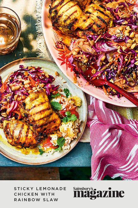 Give your chicken some extra fizz courtesy of a zingy marinade. Get the Sainsbury's magazine recipe today. Summer Entertaining Food, Lemonade Chicken, Wimbledon Recipes, Rainbow Slaw, Spring Dinners, Sainsburys Recipes, Gluten Free Bbq, Summer Chicken, Meat Meals