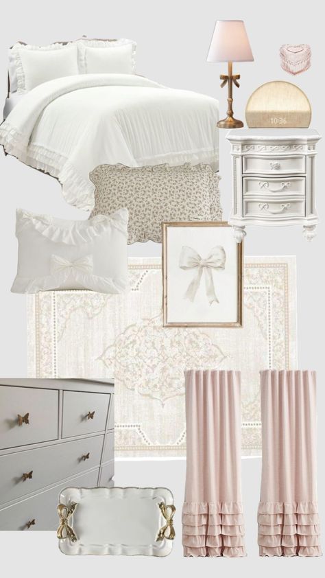 White And Gold Feminine Bedroom, Calm Girly Bedroom, Entryway Bedroom Ideas, Small Room Neutral Decor, Room Ideas Princess Aesthetic, Girly Princess Room, Bedding Ideas Queen Bed, Coquette Pink Bedroom, Cozy Classy Bedroom