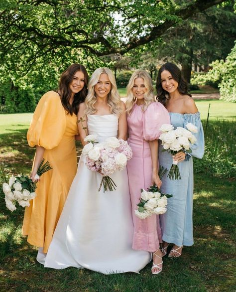 Random Color Bridesmaid Dresses, Garden Glam Wedding Attire, Light Pink Maid Of Honor Dress, Bridesmaid Dresses Pastel Colours, 3 Bridesmaids Mismatched, Spring Mismatched Bridesmaid Dresses, Garden Party Wedding Aesthetic, Mismatched Bridesmaid Dresses Spring, Garden Party Wedding Bridesmaid